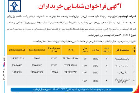 ۳۷۰۸ مناقصه – شرکت آلومینیوم ایران – فروش ۱۷ دستگاه ترانسفورماتور