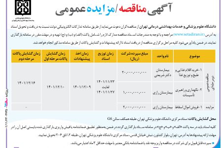 ۳۷۳۵مناقصه/مزایده – دانشگاه علوم پزشکی و خدمات بهداشتی درمانی تهران – خرید اقلام غذایی و طبخ و توزیع غذا