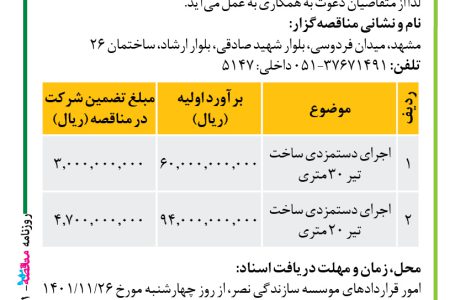 ۳۷۴۱ مناقصه – موسسه سازندگی نصر – اجرای دستمزدی ساخت تیر ۳۰ متری