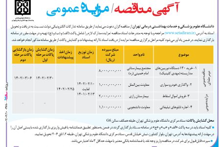 ۳۷۸۰ مزایده – دانشگاه علوم پزشکی و خدمات بهداشتی درمانی تهران – خرید ۱۳۰ دستگاه دوربین‌های مداربسته