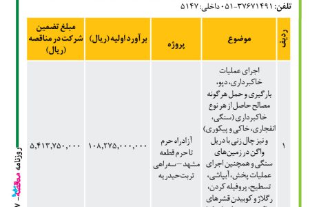 ۳۸۷۷ مناقصه – موسسه سازندگی نصر – عملیات خاکبرداری، دپو، بارگیری