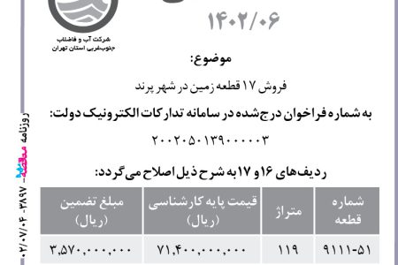 ۳۸۹۷ مزایده – شرکت آب و فاضلاب جنوبغربی استان تهران – فروش ۱۷ قطعه زمین در شهر پرند