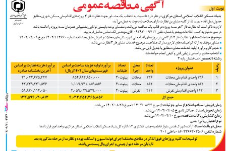 ۳۹۳۶ مناقصه – بنیاد مسکن انقلاب اسلامی استان مرکزی – انتخاب یک مشاور