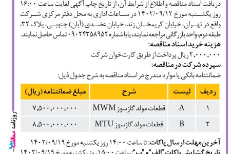 ۳۹۴۹ مناقصه – یک شرکت نیروگاهی – تامین قطعات موردنیاز مولدهای گازسوز