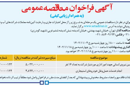 ۳۹۹۰ مناقصه – شركت فاضلاب تهران – تأمین نیروی انسانی