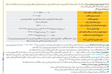 ۴۰۲۹ مناقصه – شرکت توزيع نيروي برق تهران بزرگ – اجرای عملیات اصلاح و بهینه سازی شبکه های برق