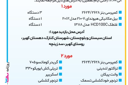 ۴۰۳۹ مزایده – شرکت جهاد نصر یزد – فروش تعدادی از ماشین‌آلات مازاد