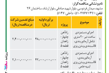 ۴۱۱۳ مناقصه – موسسه سازندگی نصر – اجرای دستمزدی ساخت تیر ۲۰ متری