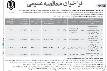 ۴۱۳۵ مناقصه – اداره کل نوسازی توسعه و تجهیز مدارس خراسان رضوی – احداث مجموعه ورزشی سرپوشیده