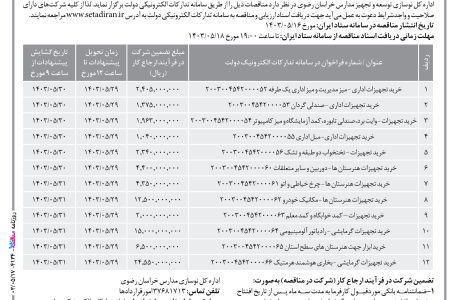 ۴۱۳۴ مناقصه – اداره کل نوسازی توسعه و تجهیز مدارس خراسان رضوی – خرید تجهیزات اداری