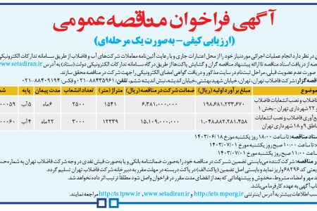 ۴۱۵۴ مناقصه – شركت فاضلاب تهران – عملیات اجرائی موردنیاز