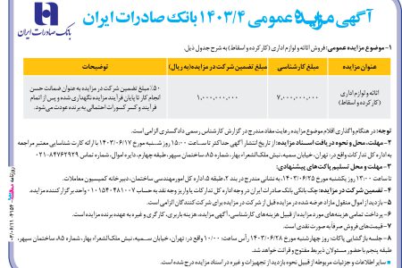 ۴۱۵۴ مزایده – بانک صادرات ایران – فروش اثاثه و لوازم اداري