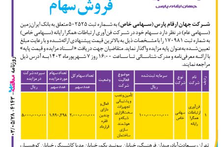 ۴۱۴۳ مزایده – شرکت جهان ارقام پارس – فن‌آوری ارتباطات همگرا رایانه