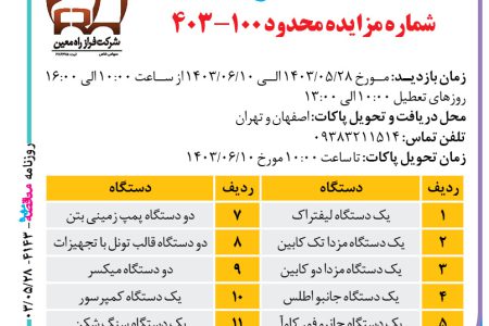 ۴۱۴۳ مزایده – شرکت فراز راه معین – فروش اموال مازاد