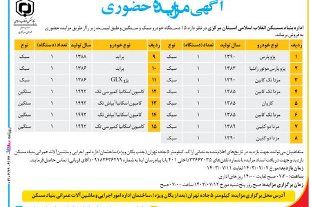 ۴۱۶۶ مزایده – اداره بنیاد مسکن انقلاب اسلامی استان مرکزی – فروش ۱۵ دستگاه خودرو سبک و سنگین