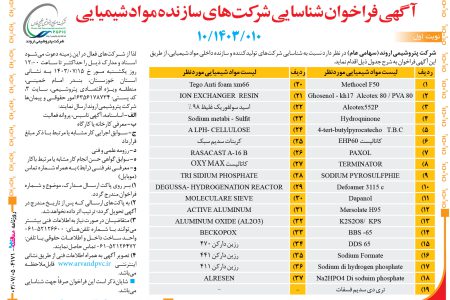 ۴۱۷۱ مناقصه – شرکت پتروشیمی اروند – شناسایی شرکت‌های تولیدکننده و سازنده داخلی مواد شیمیایی