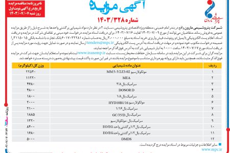 ۴۱۷۲ مزایده – شرکت پتروشيمي مارون – فروش مواد شيميايي برگشتی واحدها