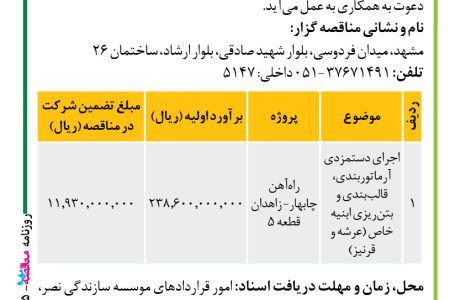 ۴۱۶۵ مناقصه – موسسه سازندگی نصر – اجرای دستمزدی آرماتوربندی، قالب‌بندی