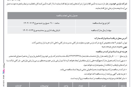 ۴۱۷۶ مناقصه – شركت پارس خودرو – سیم جوش CO2 به قطر ۸/۰ میلی‌متر