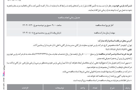 ۴۱۹۲ مناقصه – شركت پارس خودرو – تأمین اقلام