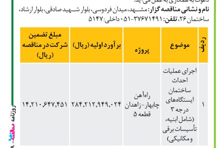 ۴۱۸۸ مناقصه – موسسه سازندگی نصر – عملیات احداث ساختمان ایستگاه‌ها