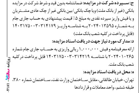 ۴۱۸۱ مزایده – بانك ملت – فروش تعداد ۱۲۸ دستگاه خودپرداز NCR دیواری