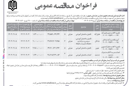 ۴۲۰۷ مناقصه – اداره کل نوسازی توسعه و تجهیز مدارس خراسان رضوی – تکمیل ساختمان آموزشی