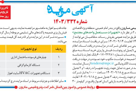 ۴۲۲۳ مزایده – شرکت پتروشيمي مارون – تجهيزات مستعمل واحدهای مجتمع