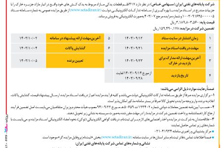 ۴۲۲۶ مزایده – شرکت پایانه­ های نفتی ایران – فروش ۴۱۷ قلم قطعات یدکی مازاد