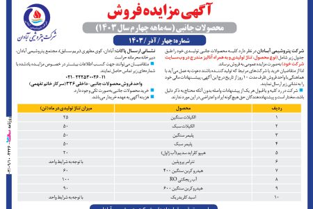 ۴۲۲۶ مزایده – شرکت پتروشیمی آبادان – فروش محصولات جانبی تولیدی