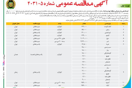 ۴۲۲۶ مناقصه – فرماندهی پشتیبانی منطقه تهران نزاجا – اقلام مشروح