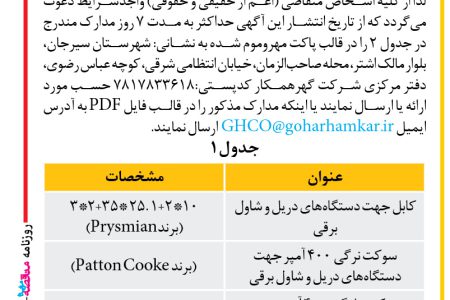 ۴۲۱۱ مناقصه – شرکت معدنی و صنعتی گهر همکار – خرید کابل و سوکت جهت دستگاه‌های دریل