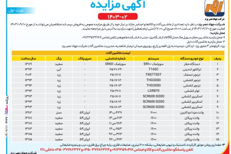 ۴۲۲۷ مزایده – شرکت جهاد نصر یزد – فروش ماشین‌آلات و کالاها و اجناس مازاد