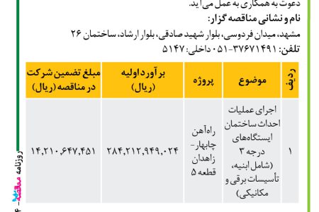 ۴۲۱۴ مناقصه – موسسه سازندگی نصر – انجام عملیات اجرایی