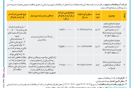 ۴۲۳۲ مناقصه – شرکت آب و فاضلاب مشهد – عملیات اصلاح شبکه و استانداردسازی