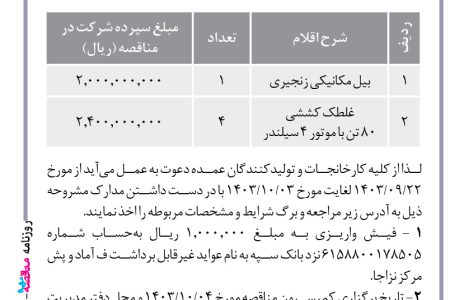 ۴۲۳۶ مناقصه – فرماندهی آماد و پشتیبانی مرکز نیروی زمینی ارتش – دستگاه بیل مکانیکی زنجیری