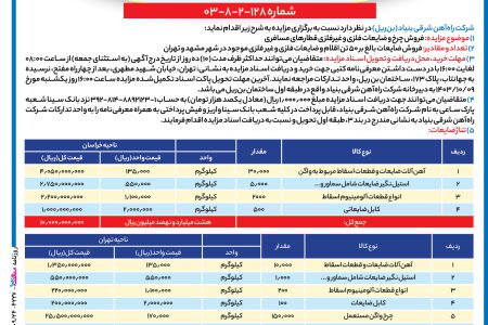 ۴۲۳۷ مزایده – شرکت راه‌آهن شرقي بنياد (بن‌ریل) – فروش ضایعات فلزی و غیرفلزی قطارهای مسافری