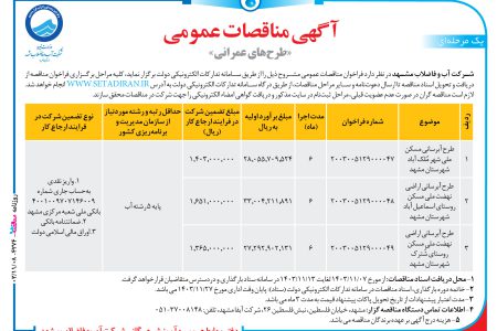 ۴۲۷۴ مناقصه – شرکت آب و فاضلاب مشهد – طرح آبرسانی مسکن ملی شهر مُلک آباد شهرستان مشهد