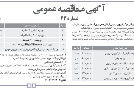 ۴۲۶۲ مناقصه – فرماندهی آماد و پشتیبانی مرکز نیروی زمینی ارتش – خرید ۱۰ قلم نیازمندی جدول