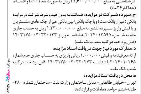 ۴۲۵۷ مزایده – بانك ملت – فروش دو عدد بلبرینگ SKF  صنعتی