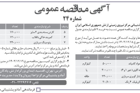 ۴۲۹۸ مناقصه – فرماندهی آماد و پشتیبانی مرکز نیروی زمینی ارتش – خرید ۷  قلم نیازمندی