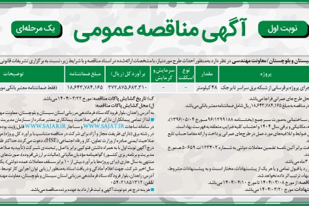 ۴۳۶۱ مناقصه – فرمانده مرزبانی استان سیستان و بلوچستان/ معاونت مهندسی – اجرای پروژه برقرسانی
