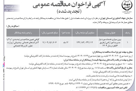 ۴۳۴۳ مناقصه – سازمان جهاد كشاورزي استان تهران – برون سپاری خدمات مورد نیاز مدیریت امور اراضی