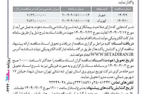 ۴۳۴۳ مناقصه – شركت توزيع نيروي برق استان تهران – پروژه های توسعه و احداث و بهینه سازی شبكه هاي توزيع