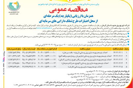 ۴۳۴۲ مناقصه – شركت توزيع نيروي برق جنوب استان كرمان – احداث , توسعه و بهینه سازی برق روستایی