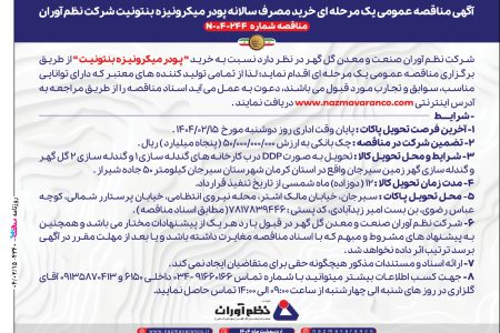 ۴۳۴۰ مناقصه – شرکت نظم آوران صنعت و معدن گل گهر – خرید پودر میکرونیره