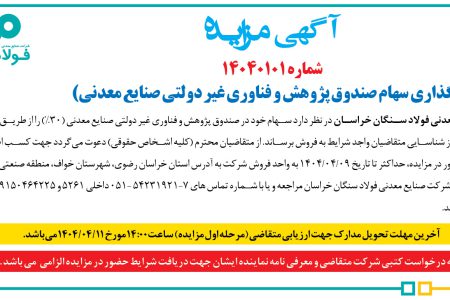 ۴۳۷۸ مزایده – شرکت صنایع معدنی فولاد سنگان خراسان – واگذاری سهام صندوق پژوهش و فناوري