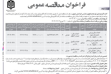 ۴۳۷۹ مناقصه – اداره کل نوسازی توسعه و تجهیز مدارس خراسان رضوی – احداث سالن ورزشی