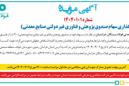 ۴۳۷۹ مزایده – شرکت صنایع معدنی فولاد سنگان خراسان – واگذاری سهام