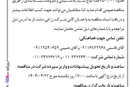 ۴۳۸۸ مناقصه – شرکت زراعی دشت ناز – خرید سبد پلاستیکی